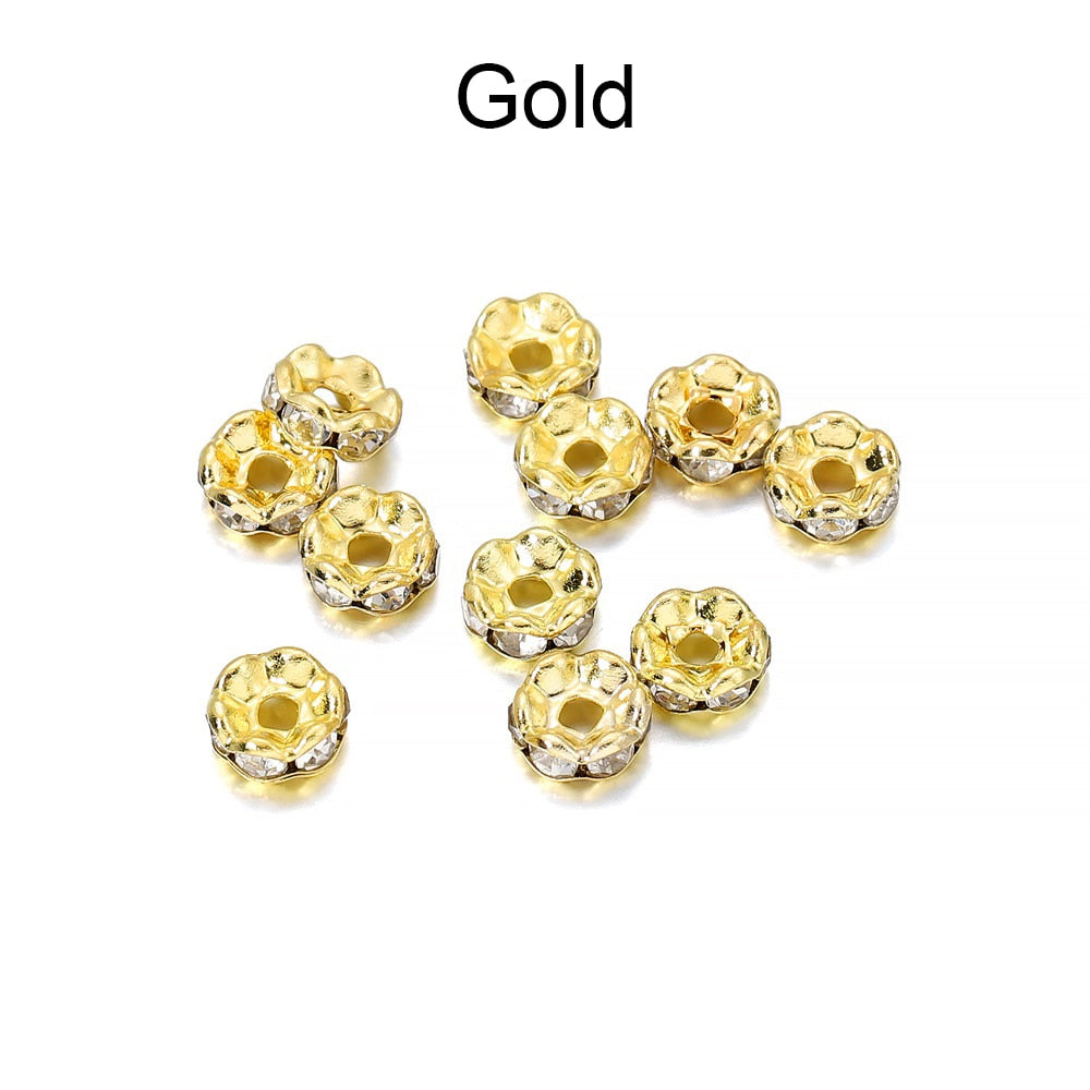 50pcs/lot 4 6 8 10mm Gold Color Rhinestone Rondelles Crystal Bead Loose Spacer Beads for DIY Jewelry Making Accessories Supplie - Quid Mart