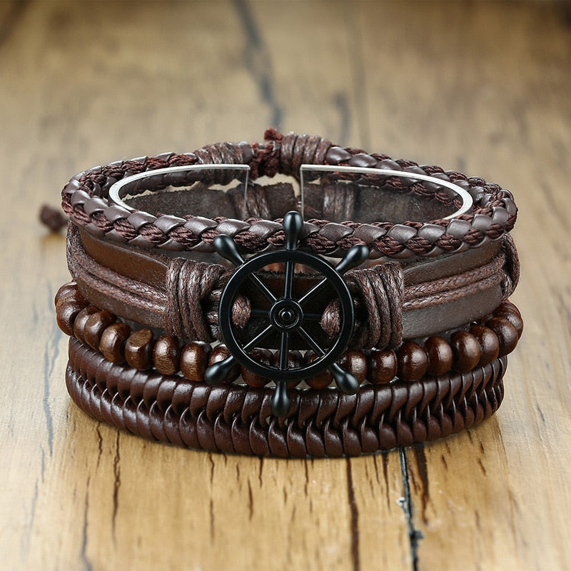 Vnox 4Pcs/ Set Braided Wrap Leather Bracelets for Men Vintage Life Tree Rudder Charm Wood Beads Ethnic Tribal Wristbands - Quid Mart