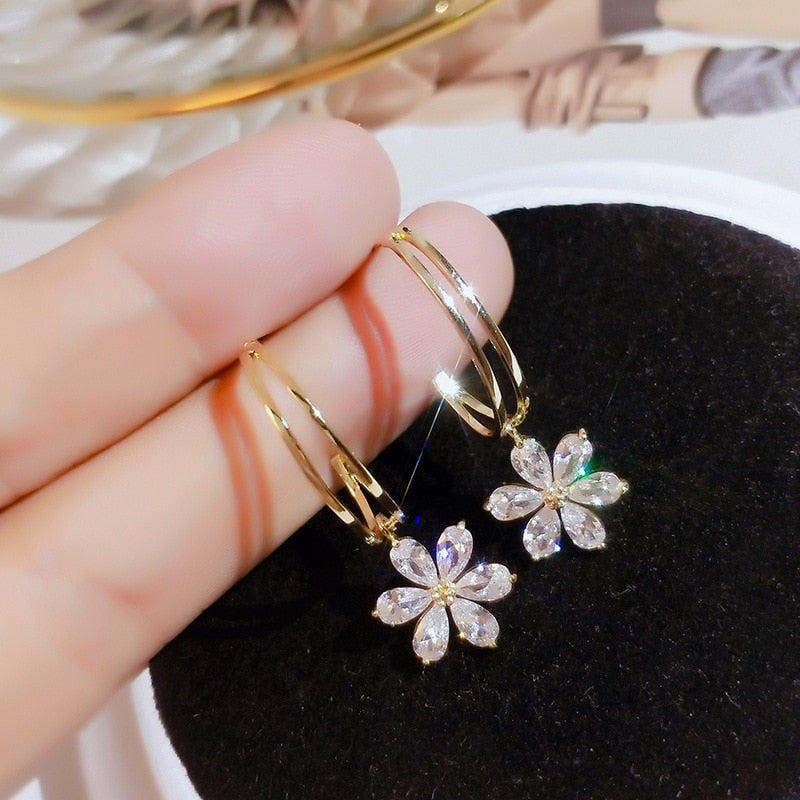 New Korea Sweet Cute Flower Crystal Temperament Geometric Shiny Zircon Earrings Statement Earrings for Women Girl Pendientes - Quid Mart