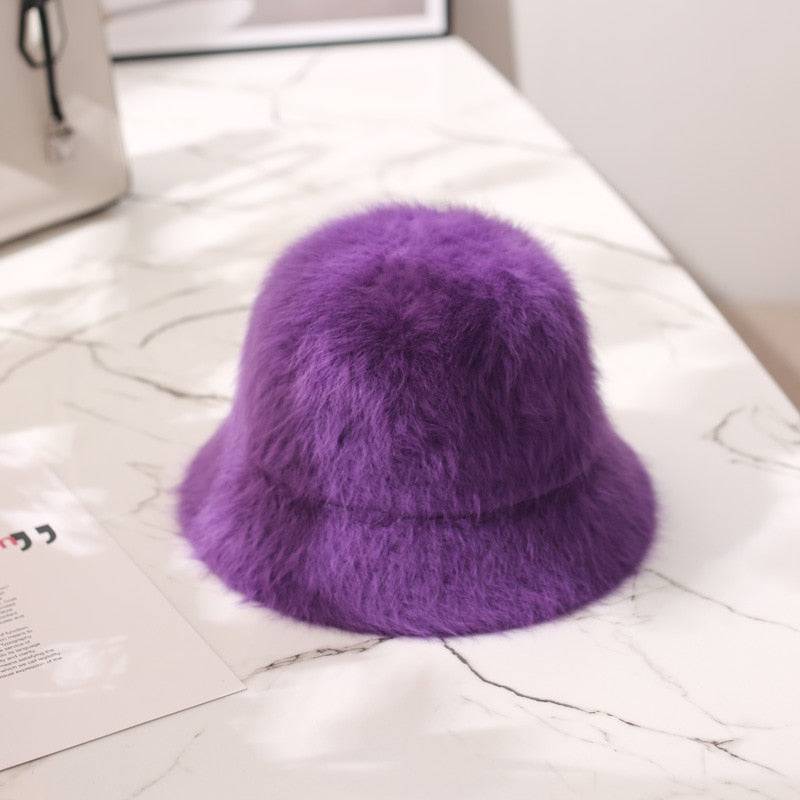 2020 Hat winter women's fashion Solid color rabbit fur hat bucket cap  fisherman's hat retro knitted wool basin Bucket Hat - Quid Mart