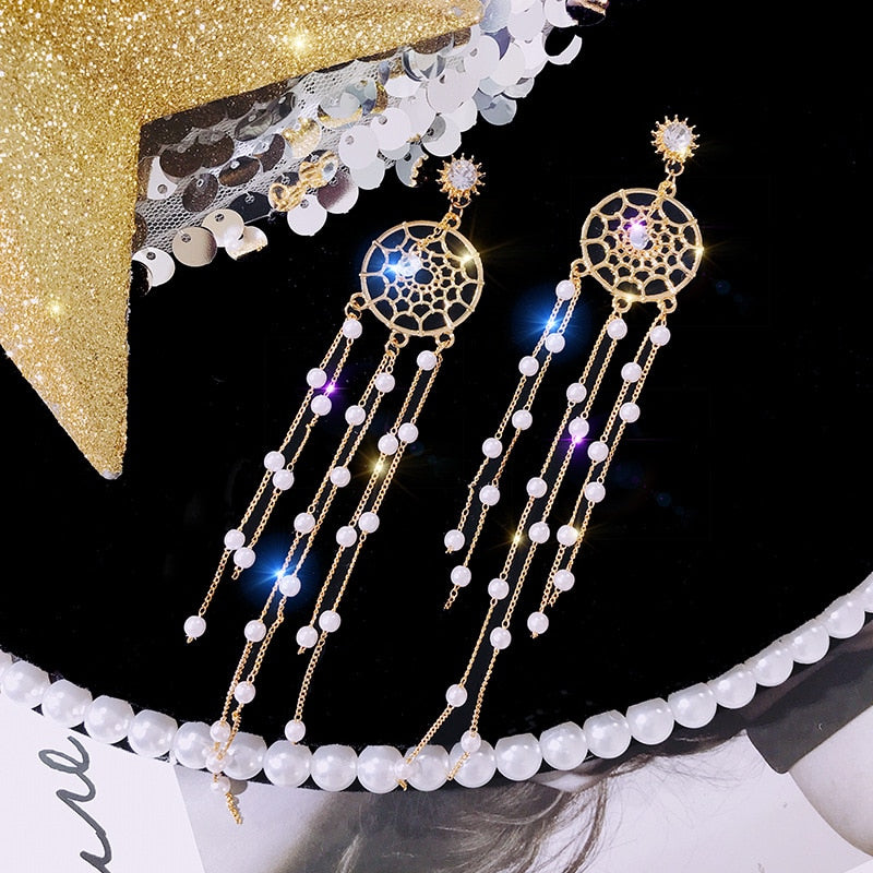 2022 Korean Earings Crystal Pearl Tassel Earrings Geometric Pendant Bride Wedding Jewelry Gift Earrings For Women - Quid Mart