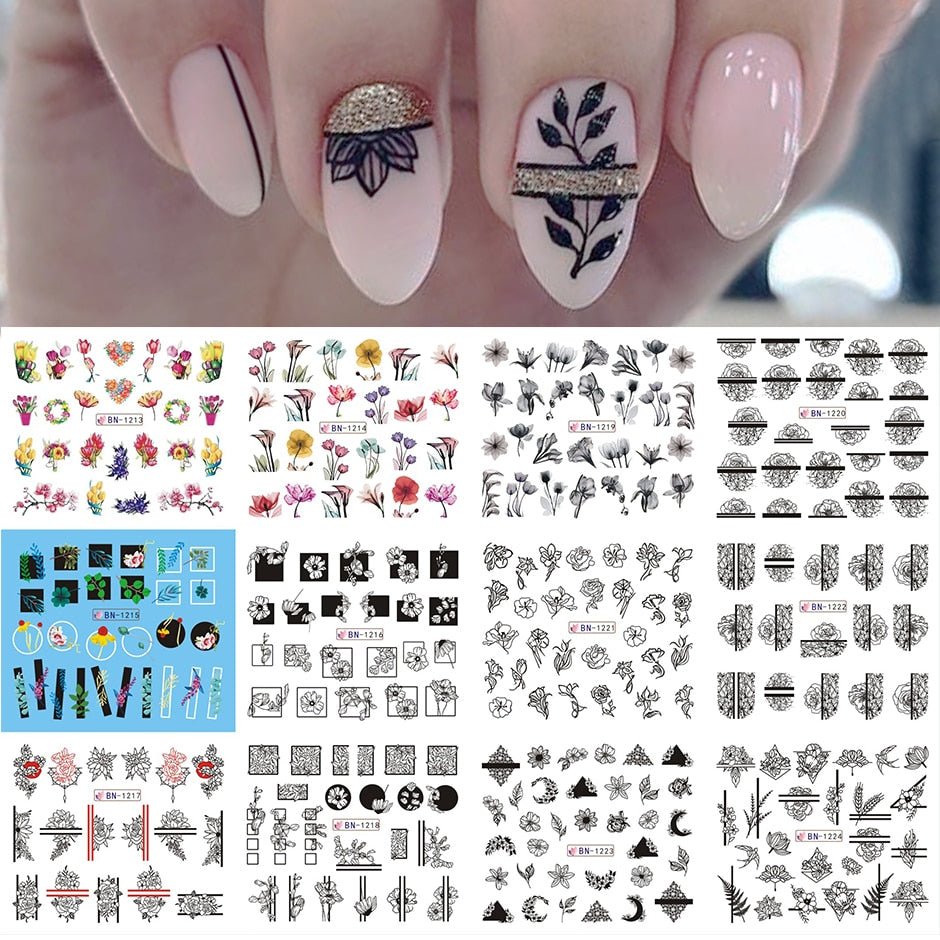 12pcs Valentines Manicure Love Letter Flower Sliders for Nails Inscriptions Nail Art Decoration Water Sticker Tips GLBN1489-1500 - Quid Mart