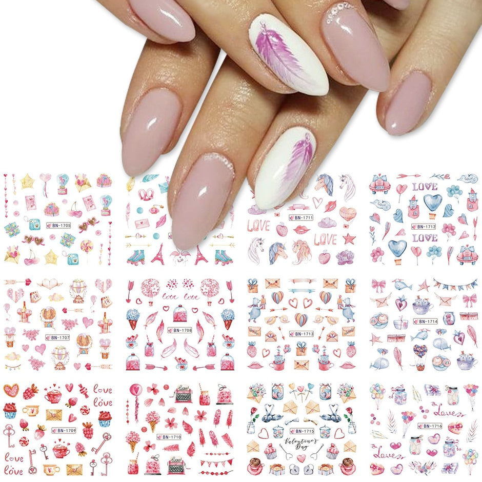 12pcs Valentines Manicure Love Letter Flower Sliders for Nails Inscriptions Nail Art Decoration Water Sticker Tips GLBN1489-1500 - Quid Mart