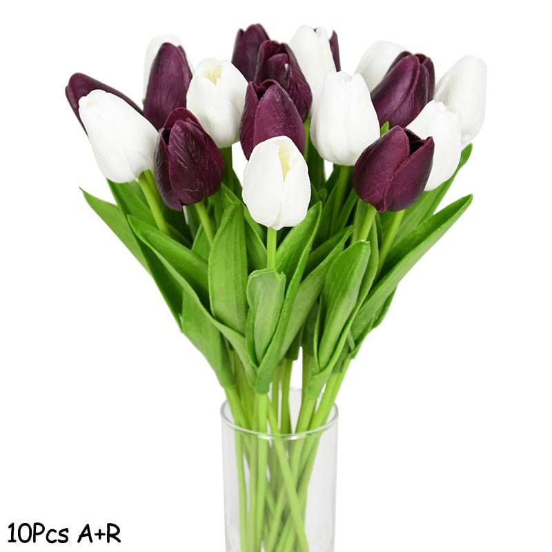 10 Real Touch Tulip Bouquets - PE Fake Flowers for Wedding, Home, and Garden Decor - Quid Mart