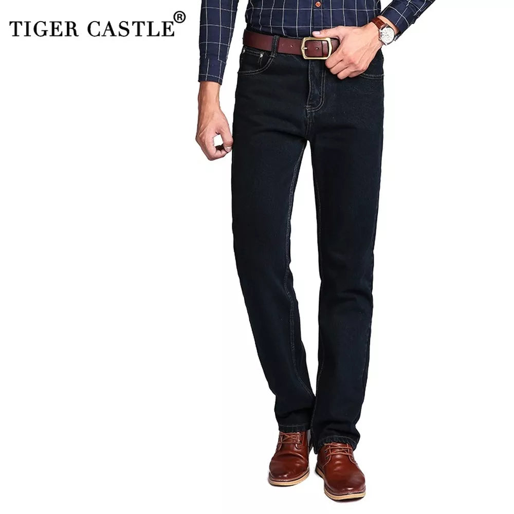 TIGER CASTLE High Waist 100% Cotton Mens Classic Jeans Baggy Brand Male Straight Denim Pants Spring Winter Thick Jeans Men