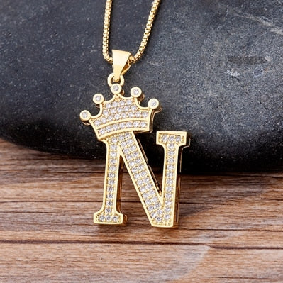 Nidin New Luxury Copper Zircon A-Z Crown Alphabet Pendant Chain Necklace Hip-Hop Style Fashion Woman Man Initial Name Jewelry - Quid Mart