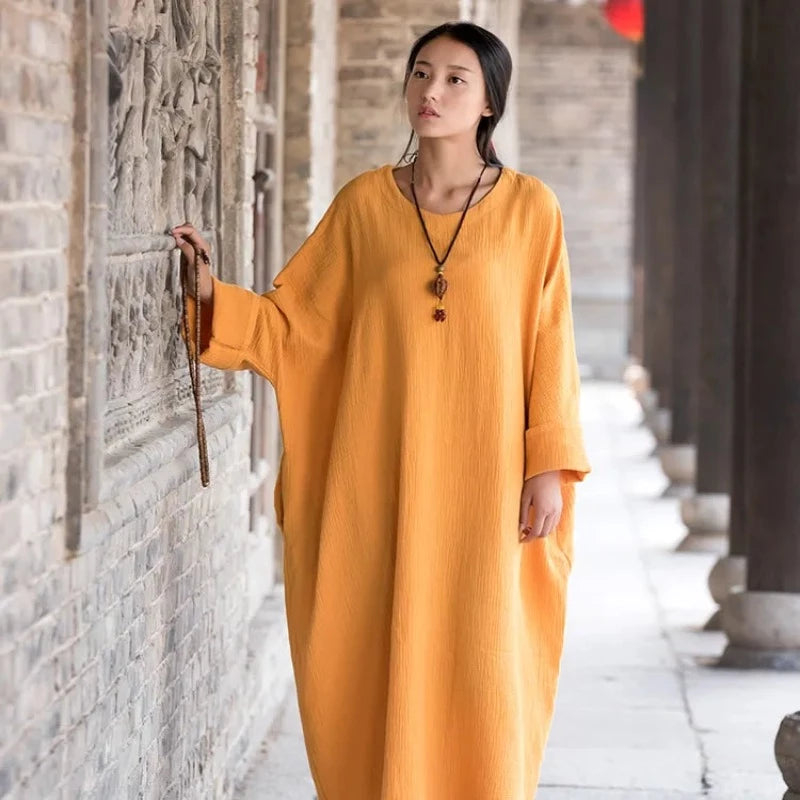 Linen dress big size Batwing Cotton Women Long Dress