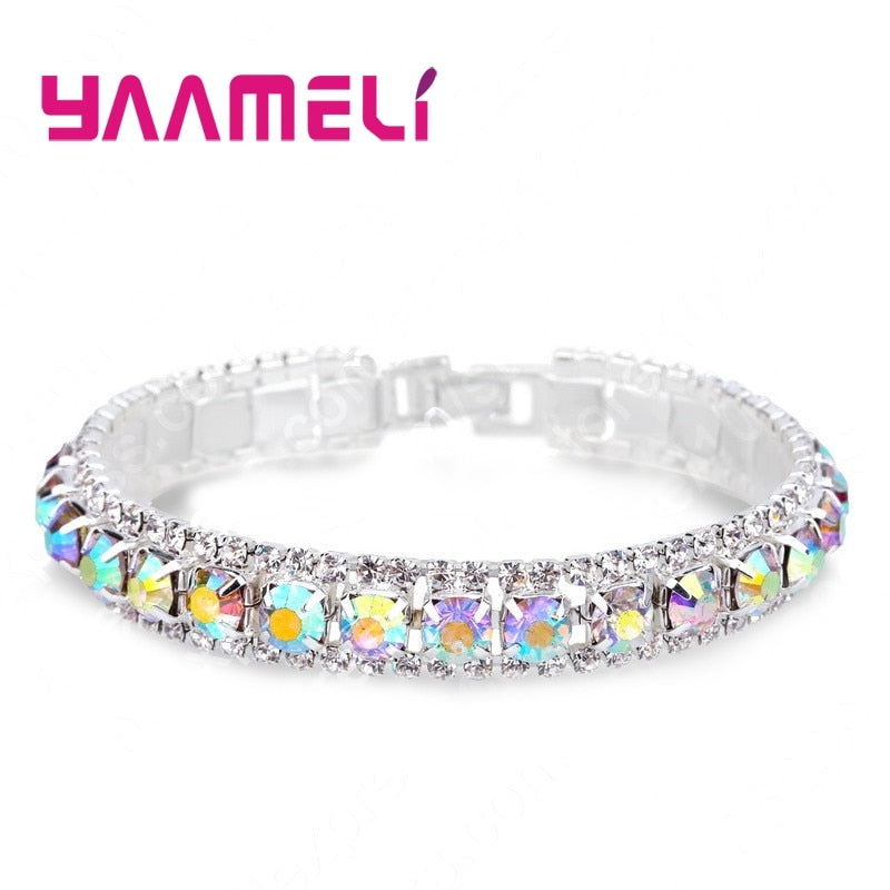 Top Sale 925 Sterling Silver Bracelets Full AAA Zircon Austrian Crystal Femme Women Link Chain Jewelry Bangles 14 Colors - Quid Mart