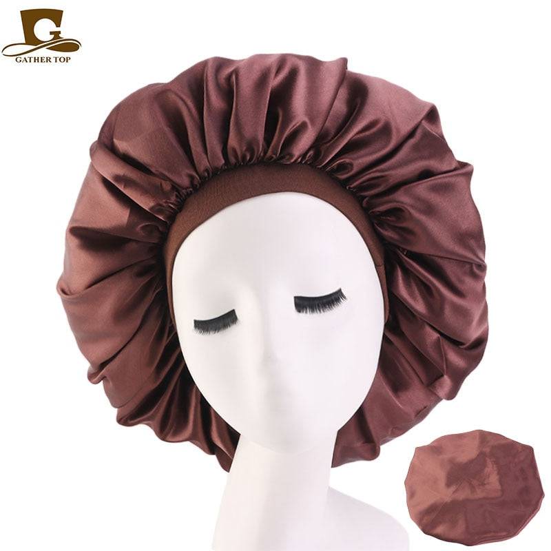 New Beauty Print Satin Sleep Cap for Curly Hair, Big Size, Black - Quid Mart