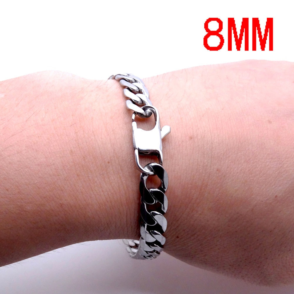 Men Women Stainless Steel Bracelet 6/8/12 mm 8 Inches Curb Chain Vintage Jewelry Punk Fan Factory Offer - Quid Mart