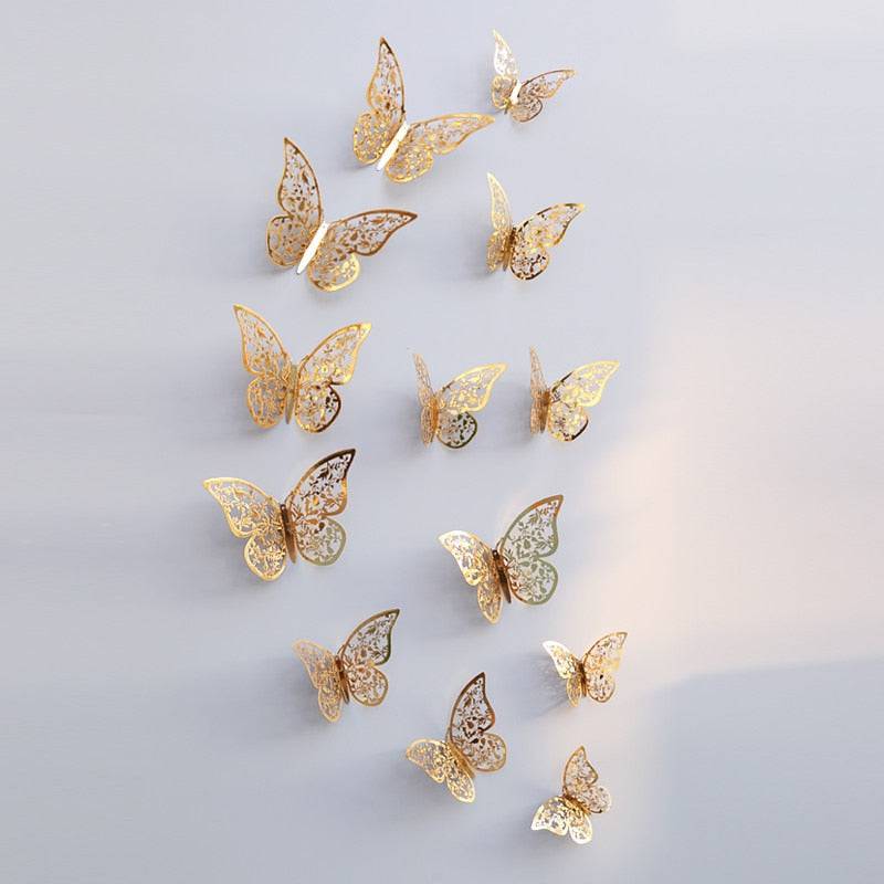 12Pcs/Set Hollow 3D Butterfly Wall Stickers For Wedding Decoration Living Room Window Home Decor Gold Silver Butterflies Decals - Quid Mart