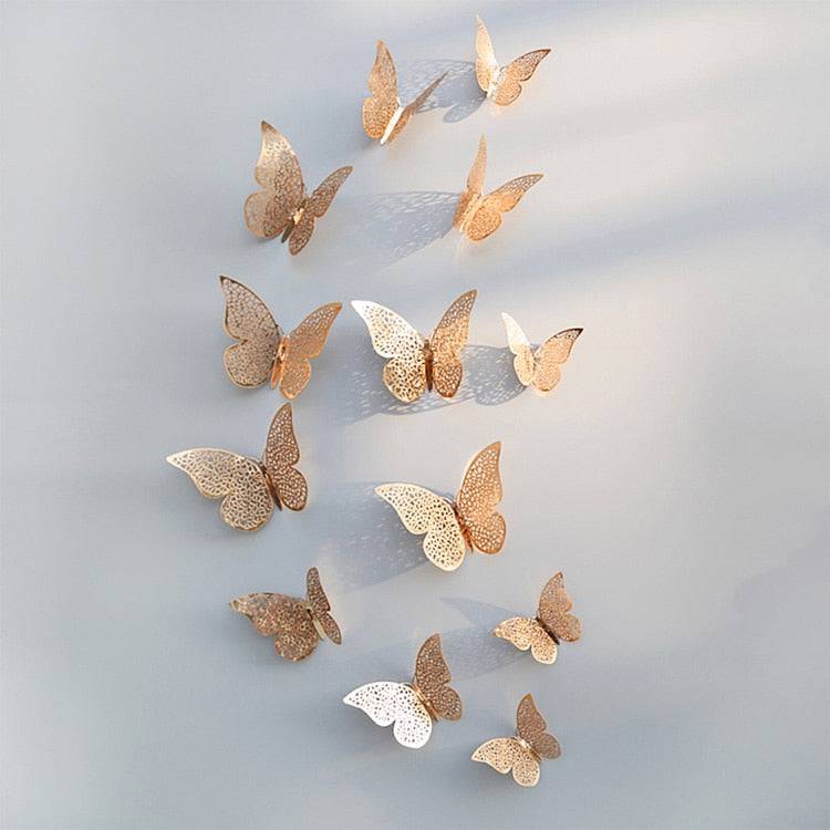 12Pcs/Set Hollow 3D Butterfly Wall Stickers For Wedding Decoration Living Room Window Home Decor Gold Silver Butterflies Decals - Quid Mart