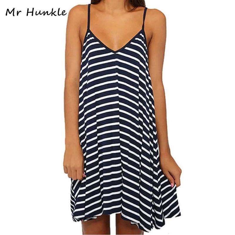 Mr Hunkle 2017 Summer Women Backless Mini Dress Sexy beach V-neck Black White Striped Sleeveless Spaghetti Strap Dress vestidos