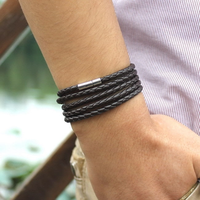XQNI brand black retro Wrap Long leather bracelet men bangles fashion sproty Chain link male charm bracelet with 5 laps - Quid Mart