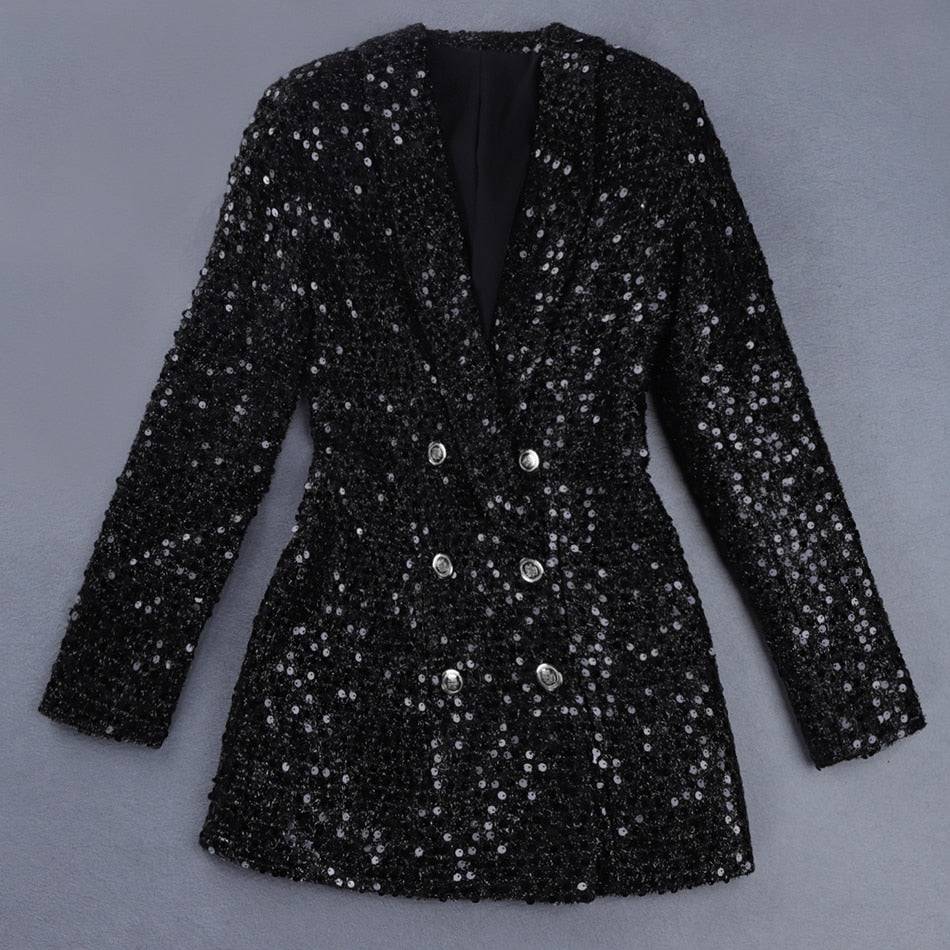 High Quality Black Sequined Blazer for Women - Double Lion Buttons - Quid Mart