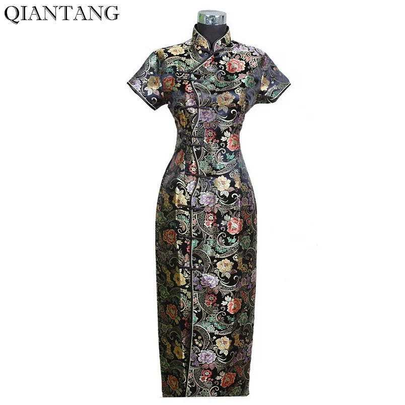 Special Offer Black Chinese Women Satin Long Cheongsam Vestido mujer Female Traditional Qipao Dress Size S M L XL XXL XXXL J0024