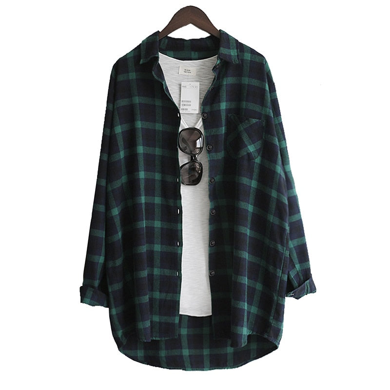 Loose Casual Plaid Women's Shirt – Long Sleeve, Large Size, Red Green - Quid Mart