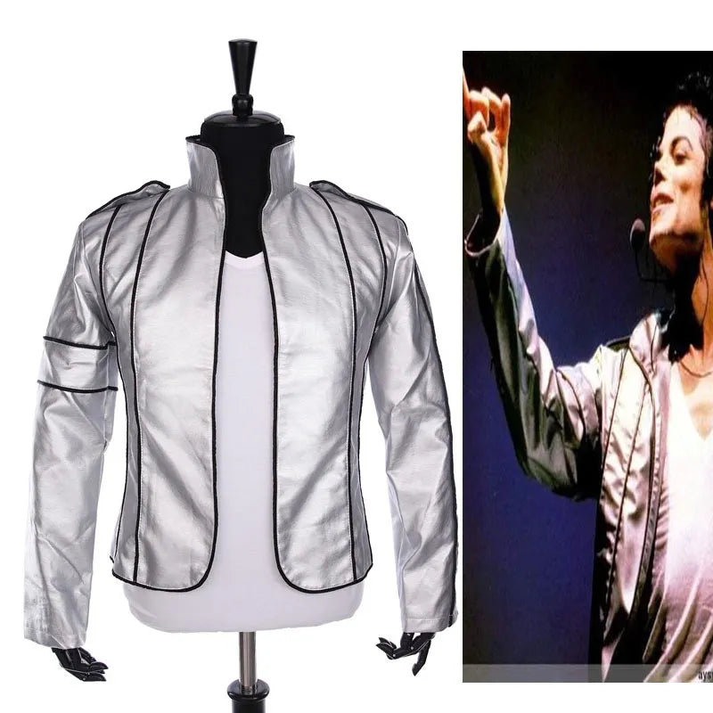 Rare PUNK Rock Motorcycle Casual Classic MJ MICHAEL JACKSON Silver Leather Costume Heal The World Jacket For Fans Best Gift