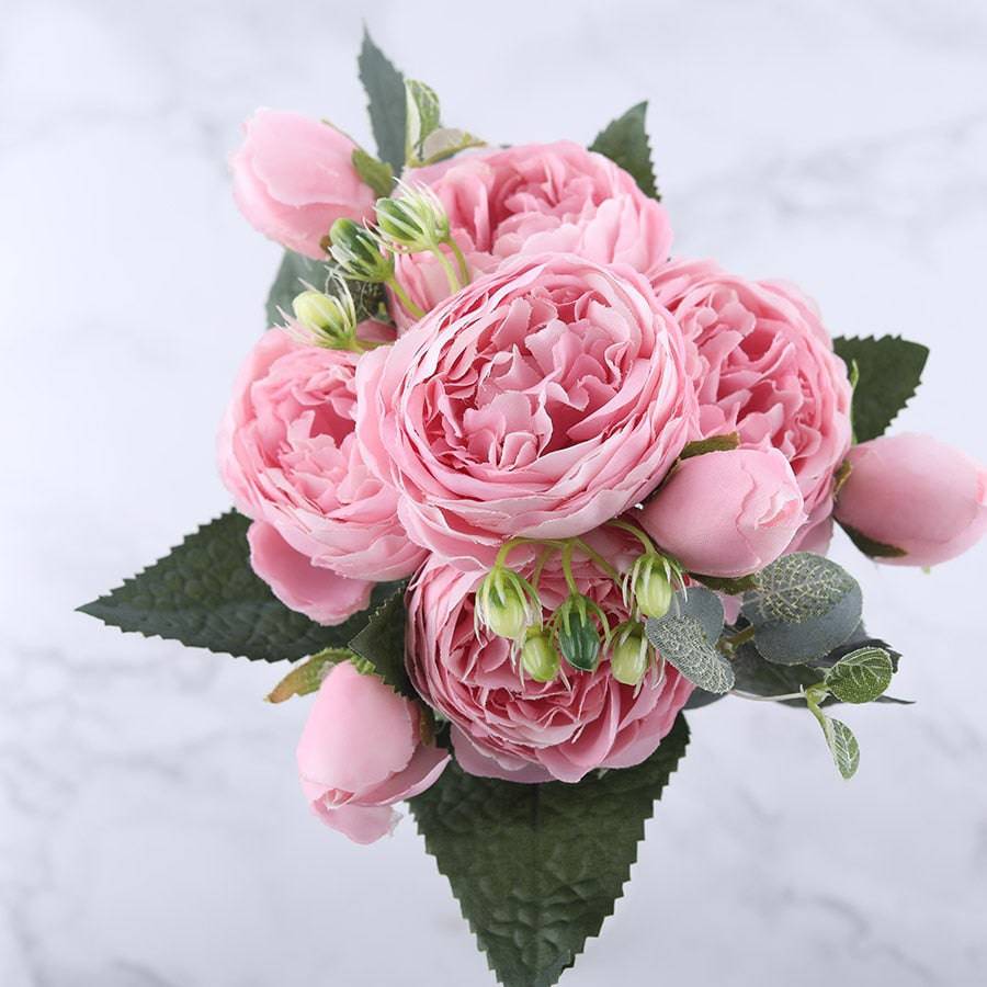 30cm Rose Pink Silk Peony Artificial Flowers Bouquet 5 Big Head and 4 Bud Cheap Fake Flowers for Home Wedding Decoration indoor - Quid Mart