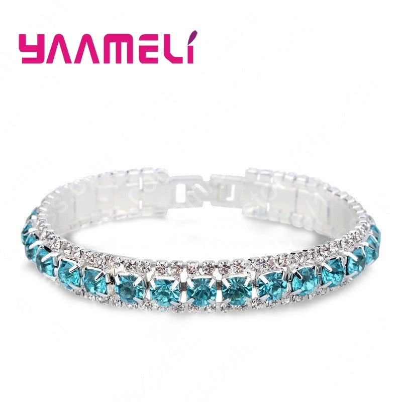 Top Sale 925 Sterling Silver Bracelets Full AAA Zircon Austrian Crystal Femme Women Link Chain Jewelry Bangles 14 Colors - Quid Mart