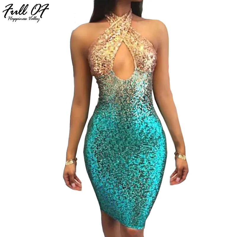 Sexy Chic Summer Gold Red Sequins Dress Backless Sleeveless Bodycon Muliti Color Cross Halter Club Party Dresses 2023 Vestidos