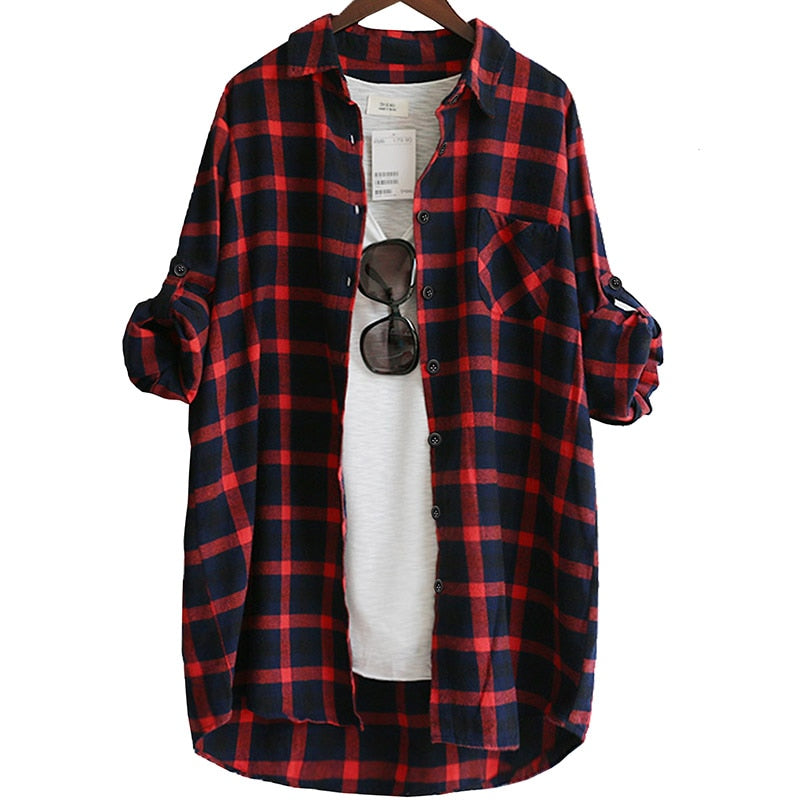 Loose Casual Plaid Women's Shirt – Long Sleeve, Large Size, Red Green - Quid Mart