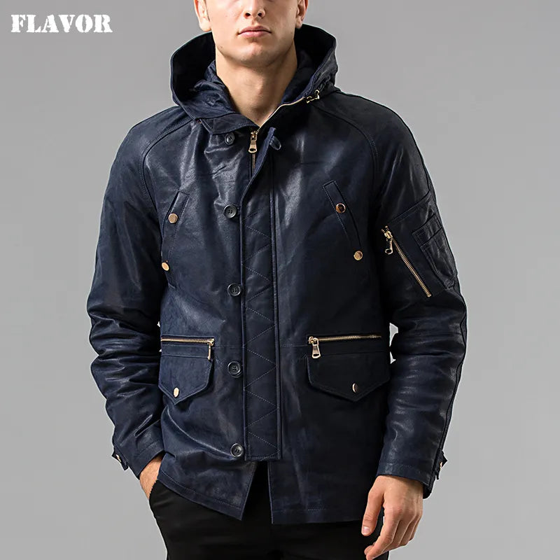 S-6XL Winter Men's Pigskin real leather jacket Hooded hat Detachable Genuine Leather jacket male overcoat