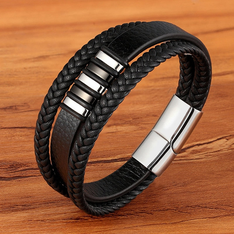 TYO Fashion Stainless Steel Charm Magnetic Black Men Bracelet Leather Genuine Braided Punk Rock Bangles Jewelry Accessories - Quid Mart