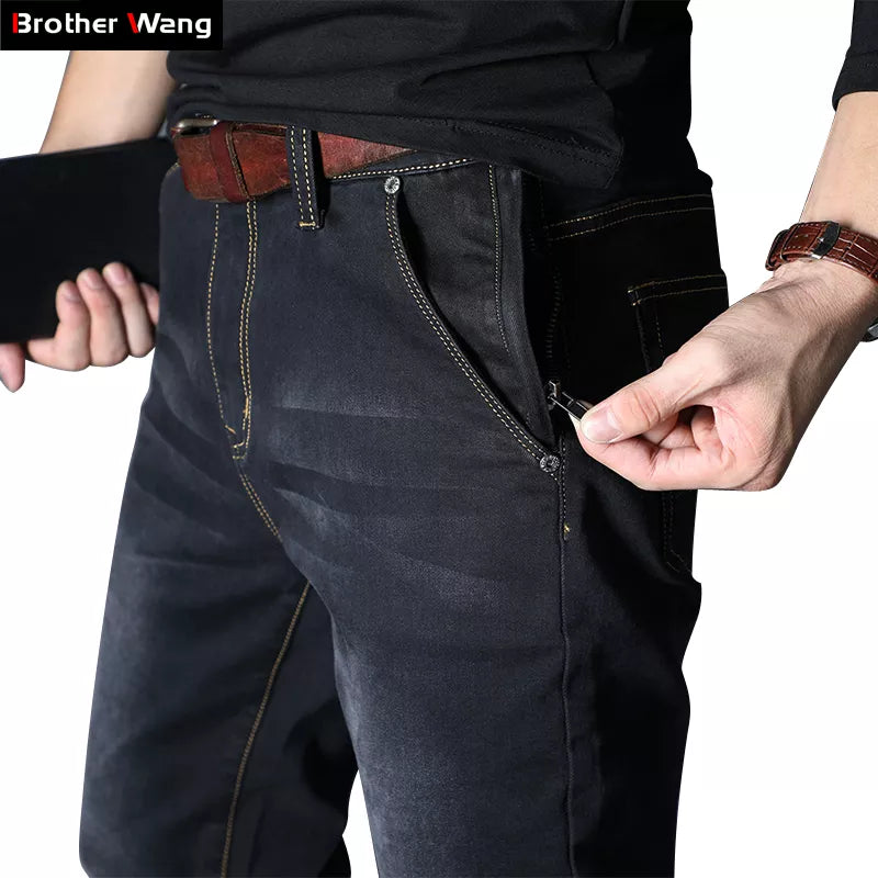 2023 New Men's Brand Jeans Loose Straight Elastic Anti-theft Zipper Denim Pants
