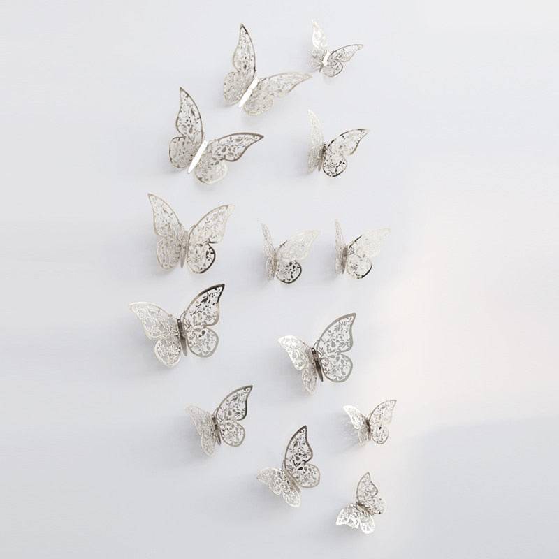 12Pcs/Set Hollow 3D Butterfly Wall Stickers For Wedding Decoration Living Room Window Home Decor Gold Silver Butterflies Decals - Quid Mart