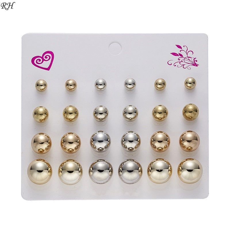 12 pairs/set Crystal Simulated Pearl Earrings Set Women Jewelry Accessories Piercing Ball Stud Earring kit Bijouteria brincos - Quid Mart