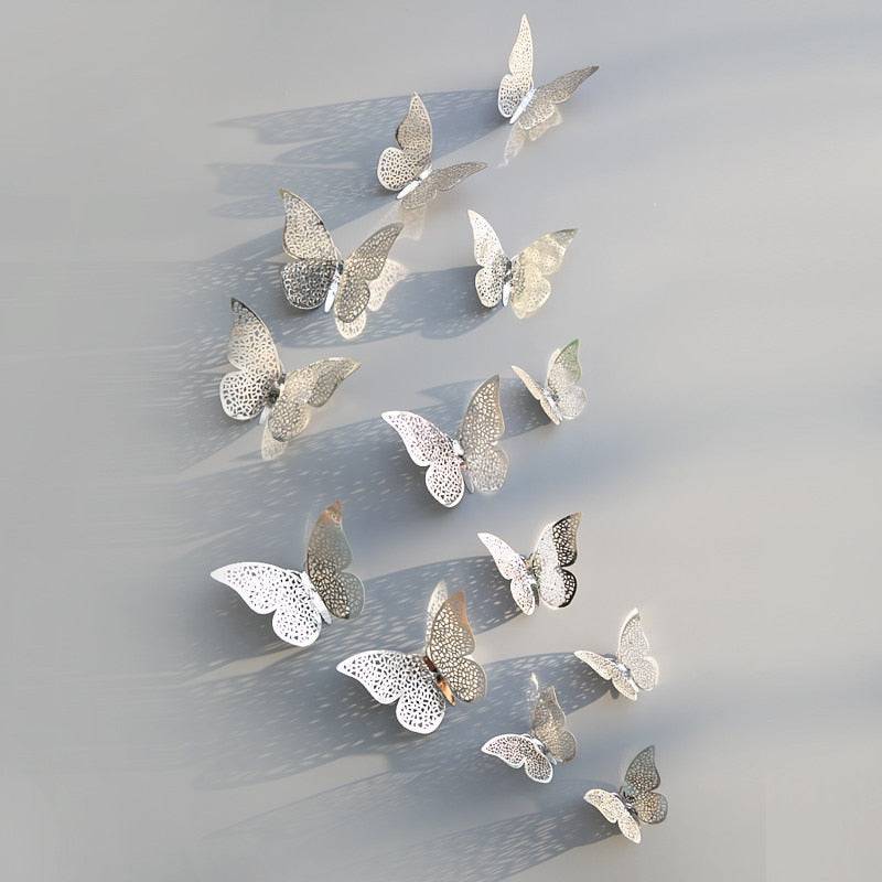 12Pcs/Set Hollow 3D Butterfly Wall Stickers For Wedding Decoration Living Room Window Home Decor Gold Silver Butterflies Decals - Quid Mart