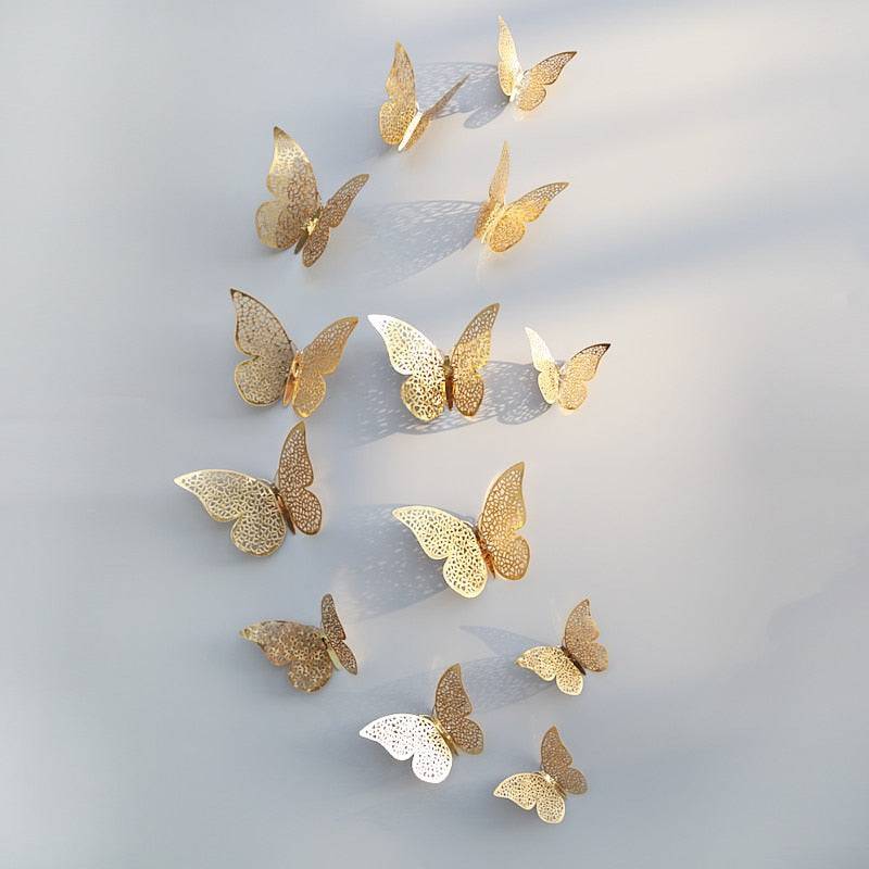 12Pcs/Set Hollow 3D Butterfly Wall Stickers For Wedding Decoration Living Room Window Home Decor Gold Silver Butterflies Decals - Quid Mart