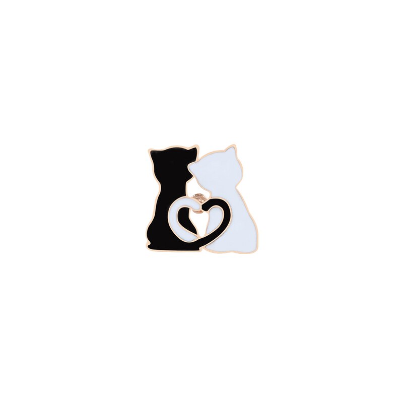 Cartoon Animal Brooches Black White Couple Cat Fish Bone Enamel Pins Clothes Collar Lapel Pin Bag Metal Badges Jewelry For Lover - Quid Mart