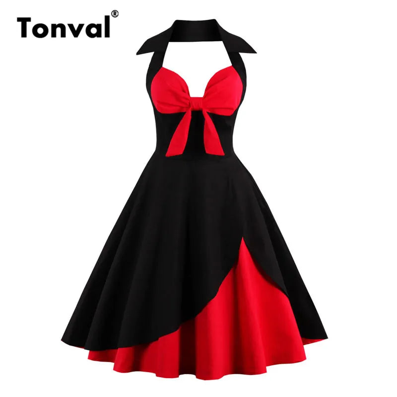 Tonval Red and Black Sexy Knot V-Neck Halter Party Vintage Dress Women Pin Up Fit and Flare Layered Elegant Midi Dresses
