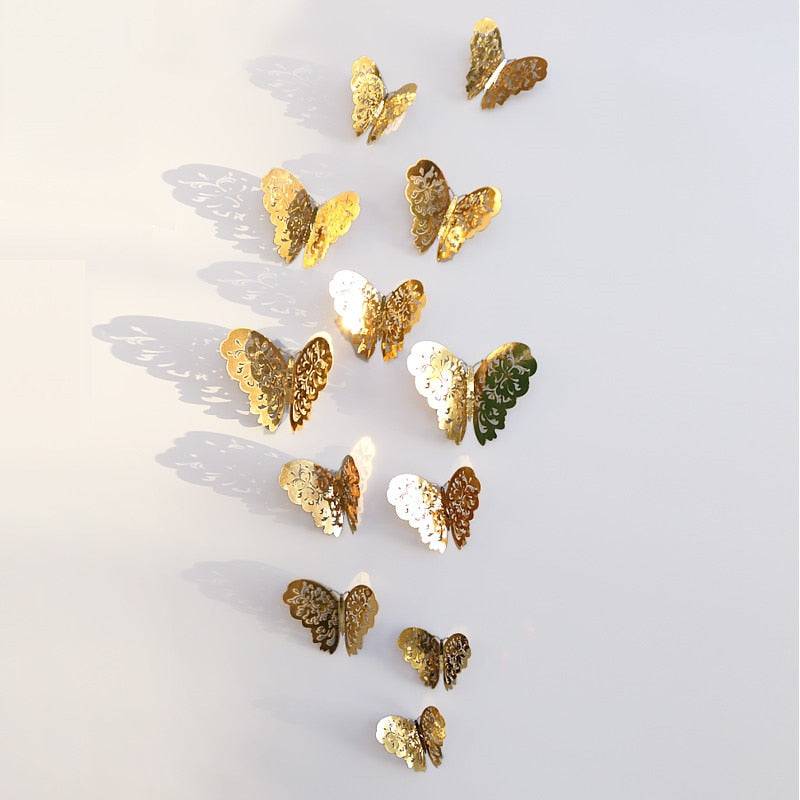 12Pcs/Set Hollow 3D Butterfly Wall Stickers For Wedding Decoration Living Room Window Home Decor Gold Silver Butterflies Decals - Quid Mart