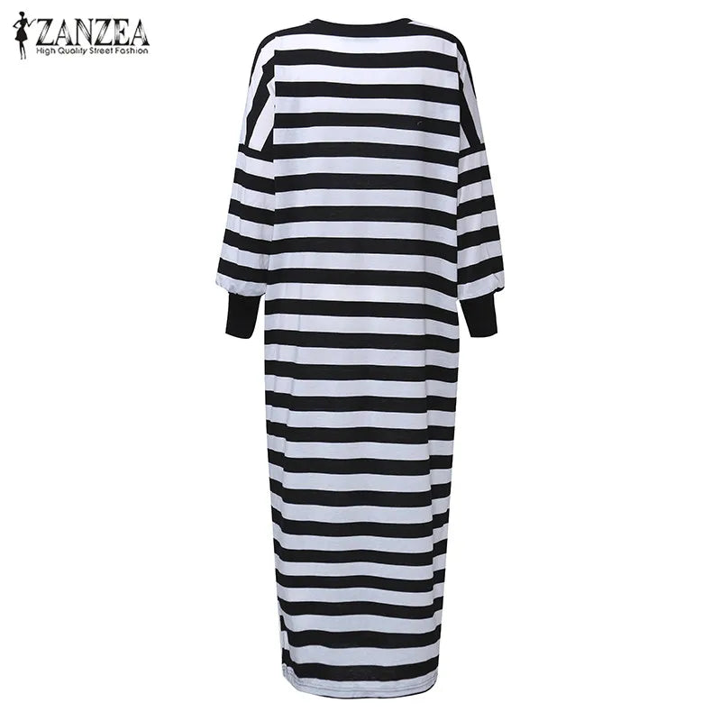 2023 Spring ZANZEA Women Striped Dress Vintage Long Sleeve O Neck Casual Loose Split Maxi Long Dress Autumn Vestidos
