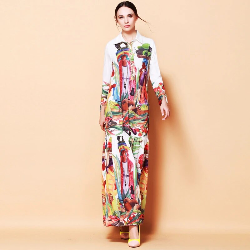 MIUXIMAO 2023 Spring Newest Fashion Runway Turn Down Collar Maxi Dress Women's Long Sleeve Retro Art Printed Designer Long Dress