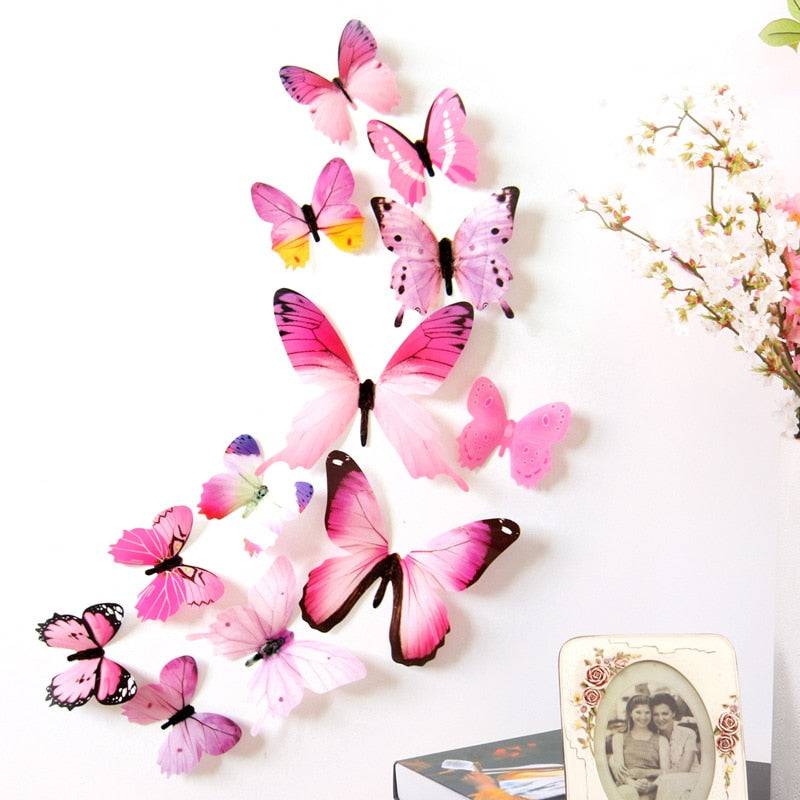 12Pcs Butterflies Wall Stickers New Year Gift Home Decorations 3D Butterfly PVC Self Adhesive Wallpaper For Living Room Decals - Quid Mart