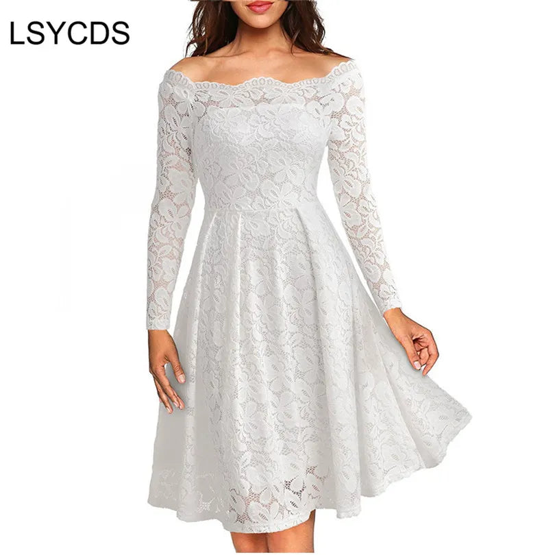 Woman Dresses 2023 Long Sleeve Slash Neck Wedding Party Wear Casual A-line Sexy Red Black White Lace Dress  S-3XL