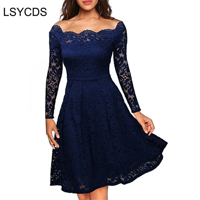 Woman Dresses 2023 Long Sleeve Slash Neck Wedding Party Wear Casual A-line Sexy Red Black White Lace Dress  S-3XL