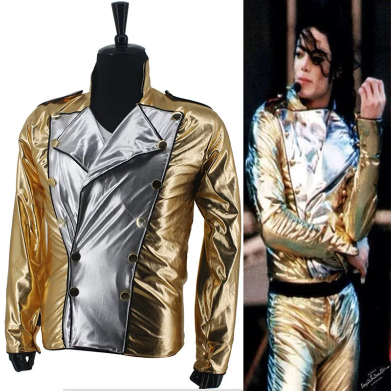 MJ Michael Jackson History BAD Golden Spandex Double Breasted Woven Jacket Performance Halloween Costume Gift