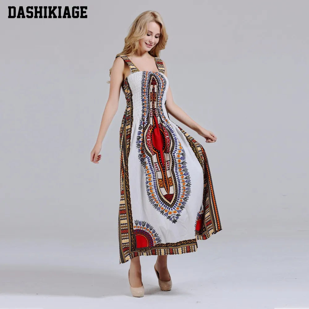 Dashikiage Lady Dashiki Dress Traditional Print Dresses African Sundress Strapless Tribal Spaghetti
