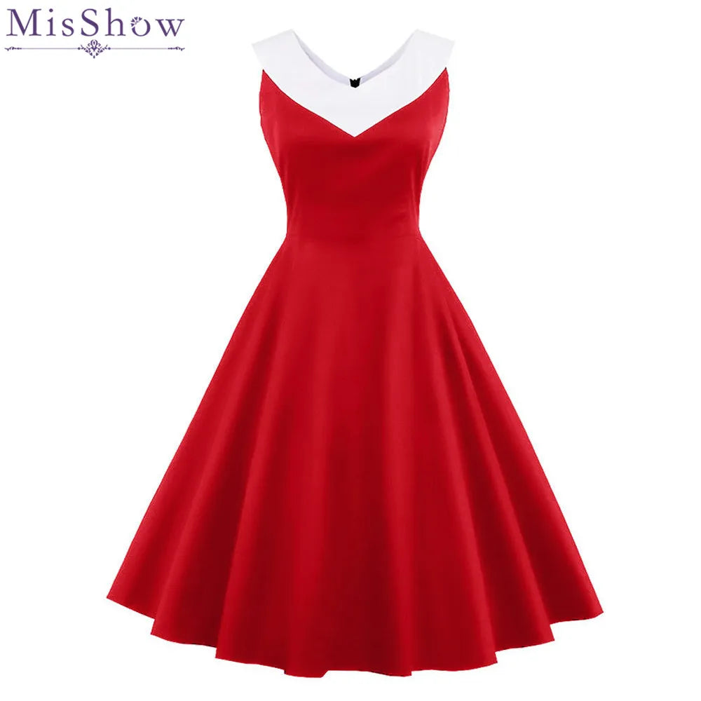 Women's Vintage Dress Pattern Print New Summer 60s Red Sleeveless Vintage Dress Swing Party Retro Dress Vestidos Bow