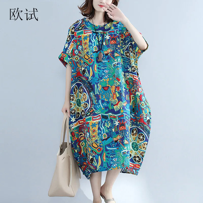 Oversized Dresse For Women Linen Cotton Summer Boho Dress 2023 Korean Long Casual Floral Green Dress Ladies