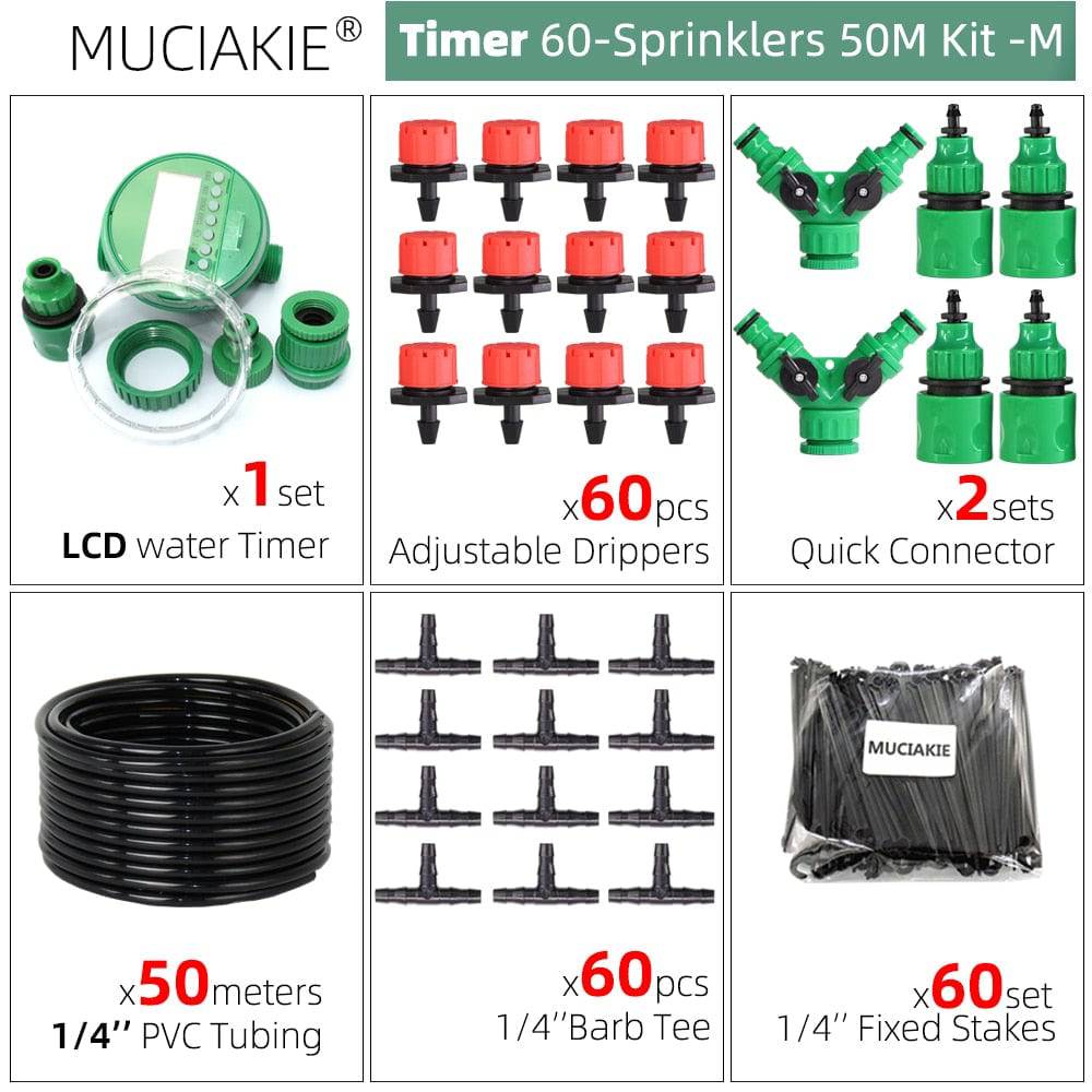 MUCIAKIE 50M-5M DIY Drip Irrigation System Automatic Watering Garden Hose Micro Drip Watering Kits with Adjustable Drippers - Quid Mart