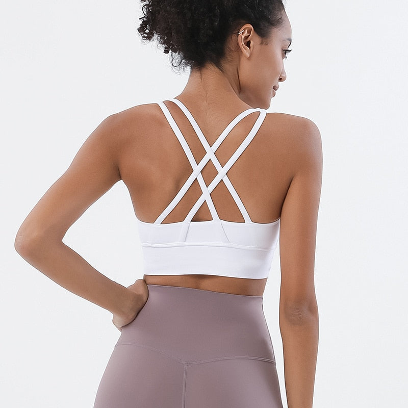 Nude Cross Back Yoga Bra: Supportive Gym Crop Top for Women - Quid Mart