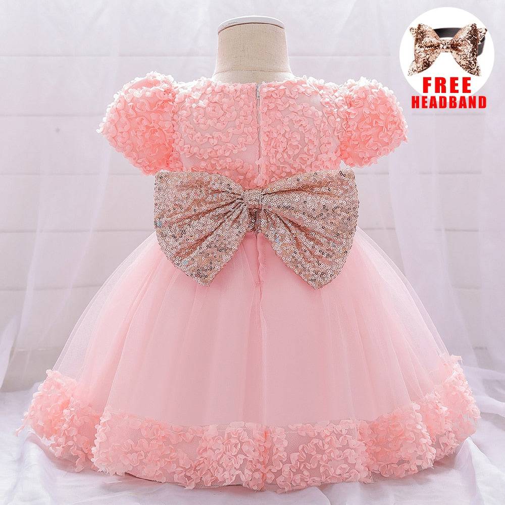 Infant Sequin Bow Baptism Dress - Christening & Birthday Gown - Quid Mart