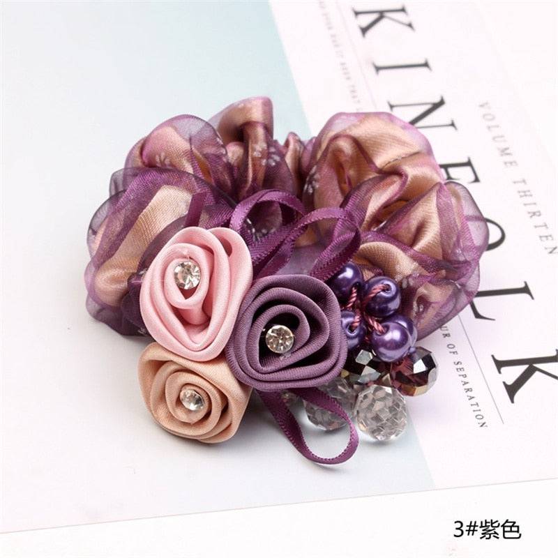 Korean Elegant Flower Scrunchies - Hair Accessories for Women - Quid Mart