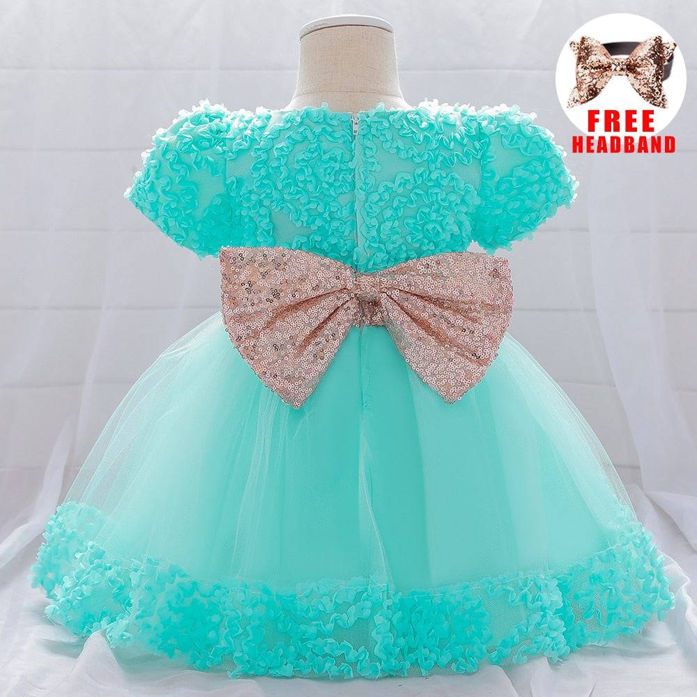 Infant Sequin Bow Baptism Dress - Christening & Birthday Gown - Quid Mart